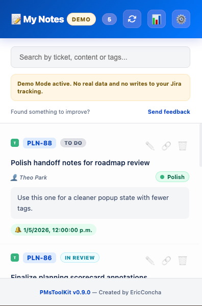 Popup de PMToolkit con notas y tickets tracked